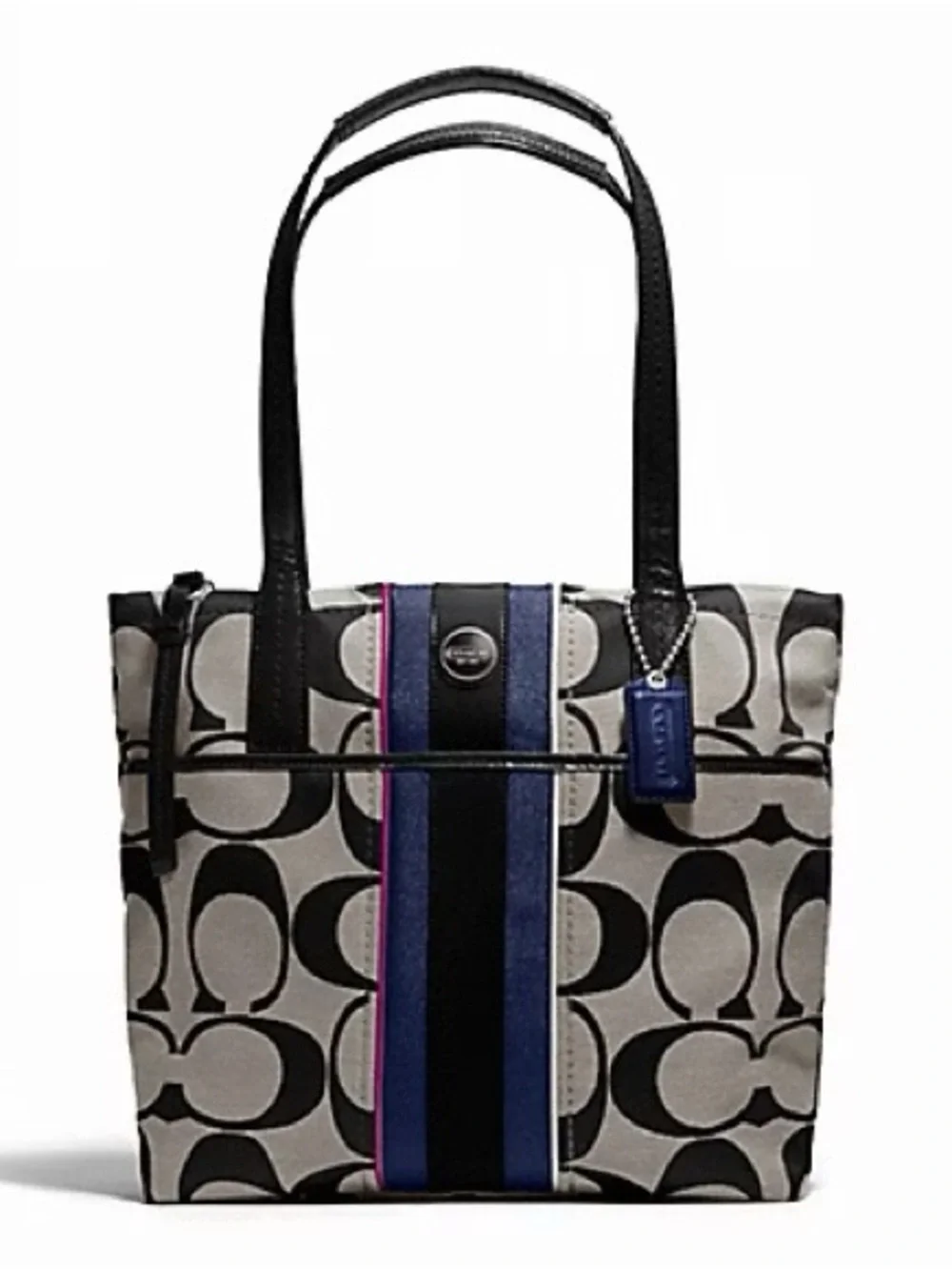 Coach Signature Tote in Black, Tan and Navy with Purple Stripe
